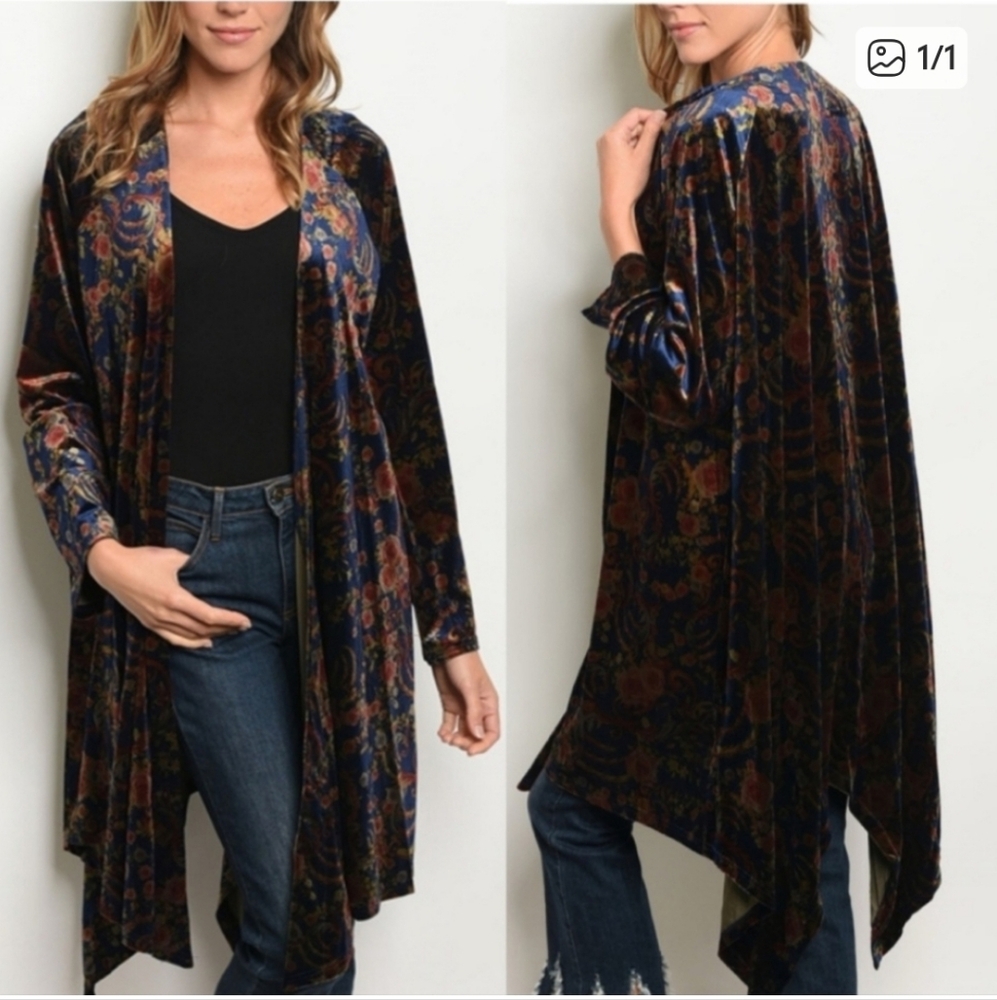 Floral Velour Open Front Cardigan